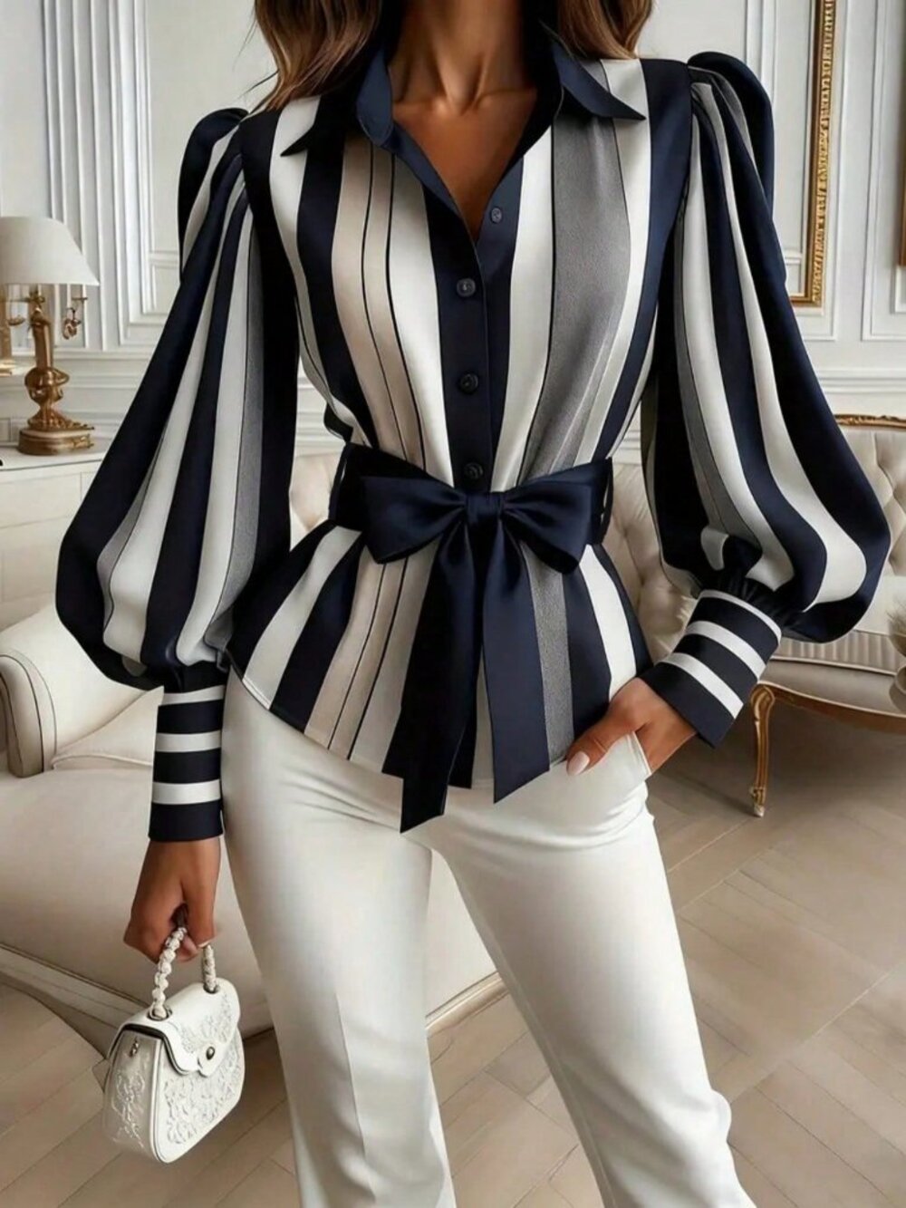 Multicolor Elegant Women's Button Front Puff Sleeve Shirt